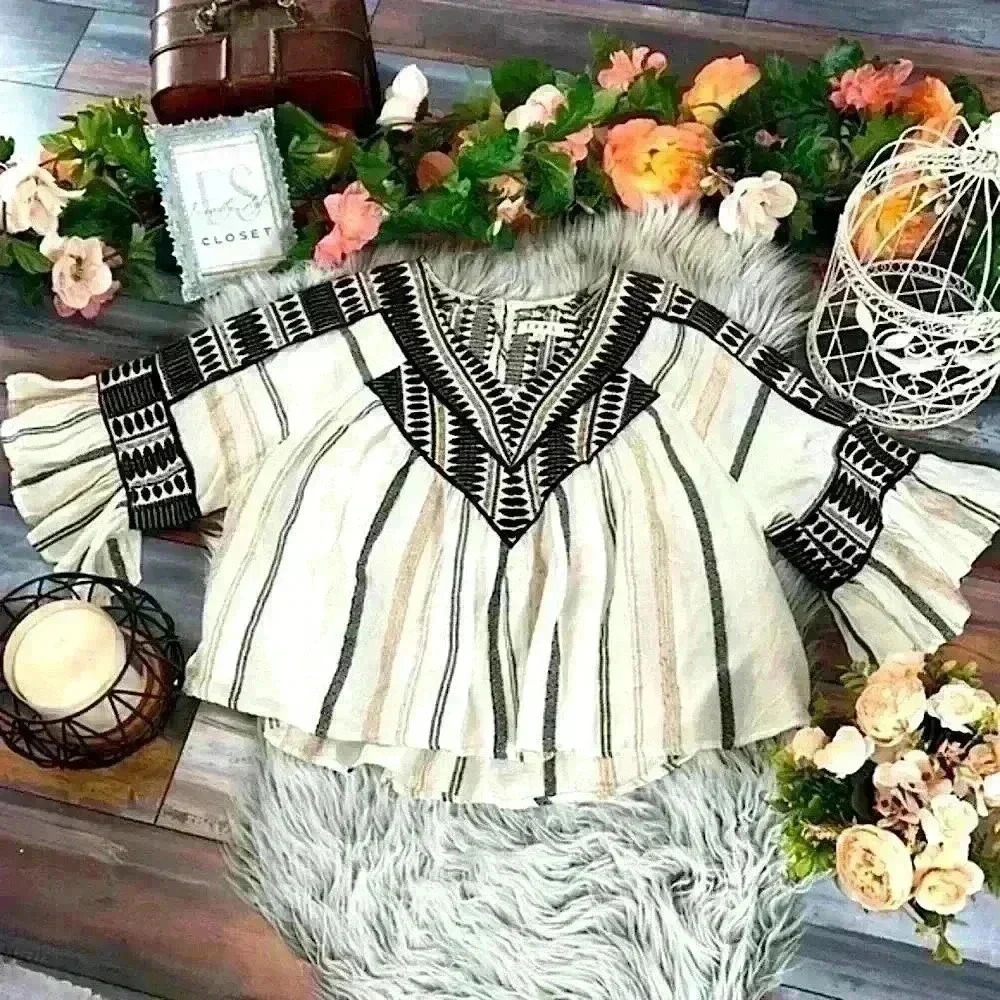 THML Cream Striped Boho Embroidered Peasant Top